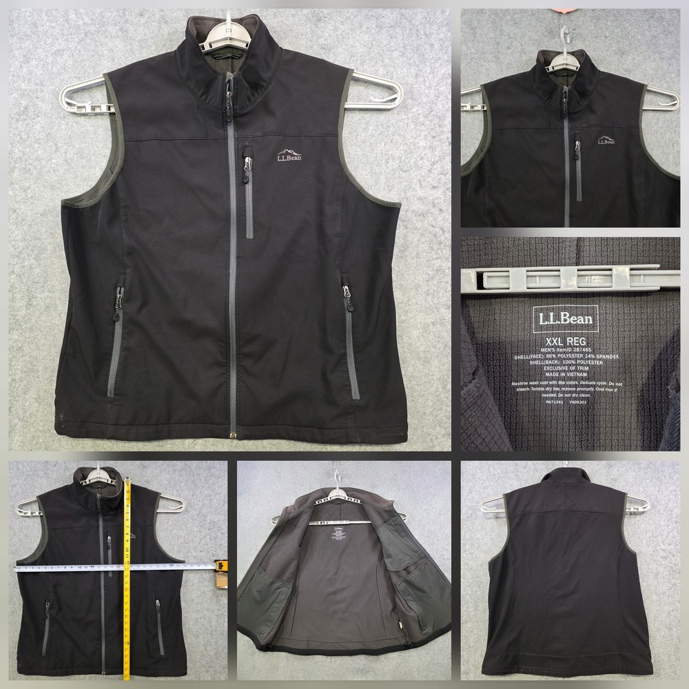 LL Bean Vest Mens 2XL Black Softshell Full Zip Stretch Pockets Hiking Outdoor‎
